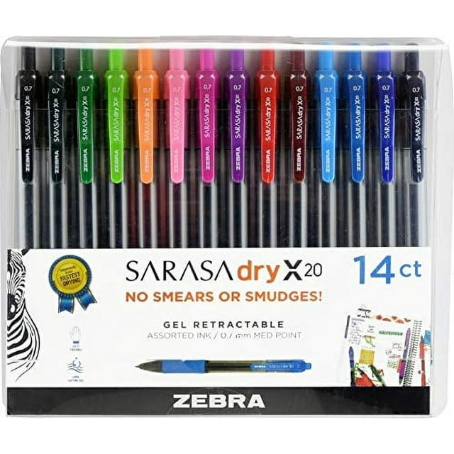 Bolígrafo de gel Zebra Pen Sarasa Dry X20 retráctil de 0,7 mm, paquete de 14