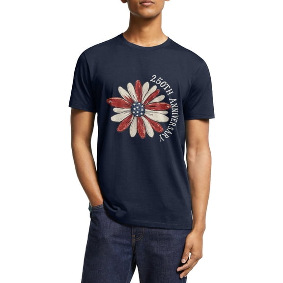 United States 250th Anniversary Navy Blue Graphic T Shirts for Men, 1776-2026 Retro Flag Design Crewneck Tee with Heat Transfer Craft - S