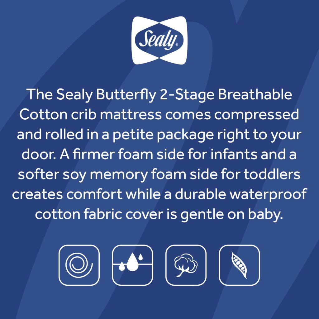 Sealy Butterfly 2-Stage Extra Firm Baby Crib & Toddler Mattress, Foam,  Breathable Zip Cover