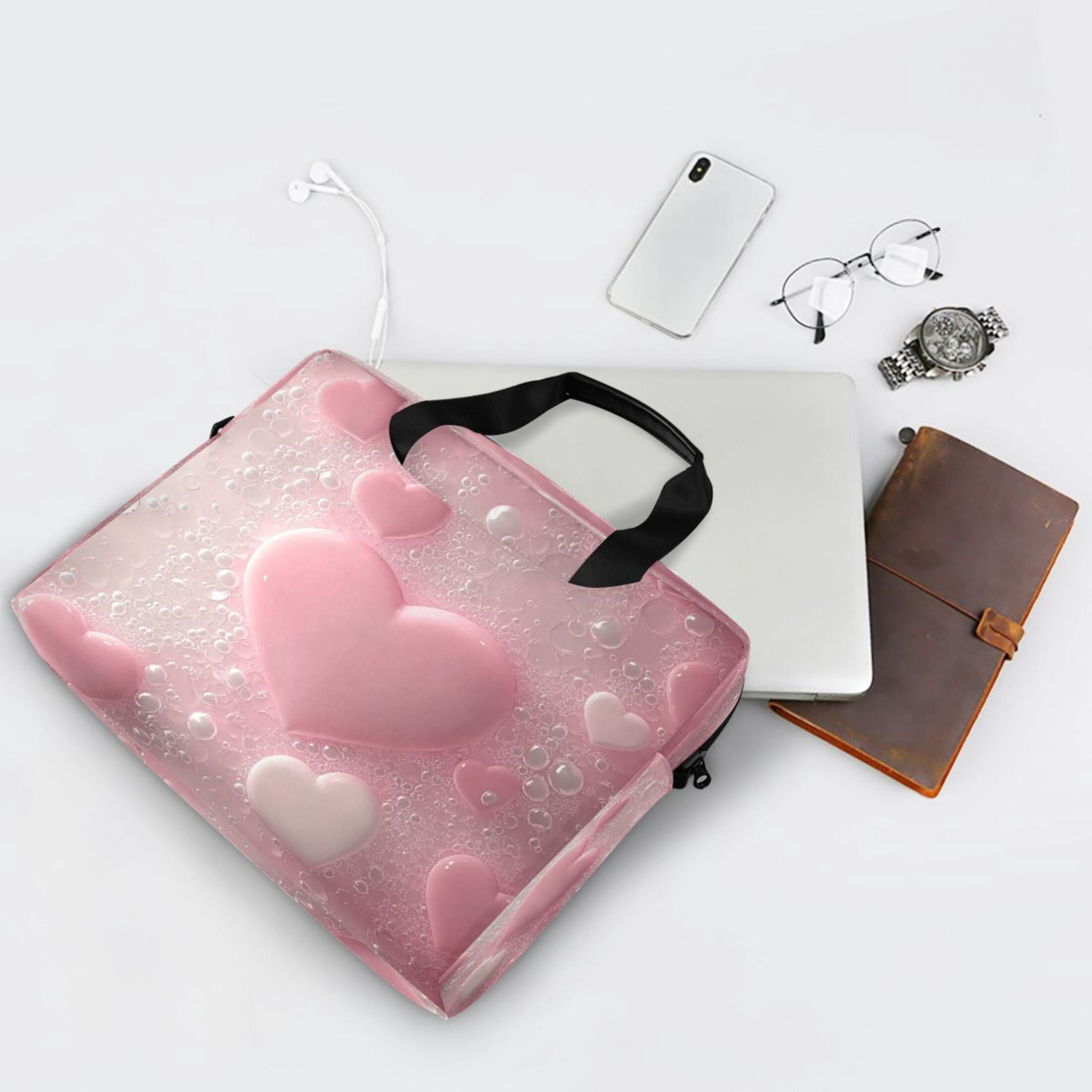 16" Laptop Tote Bag Laptop Sleeve Case Computer Briefcase for Work & Travel Pink Heart Bubbles