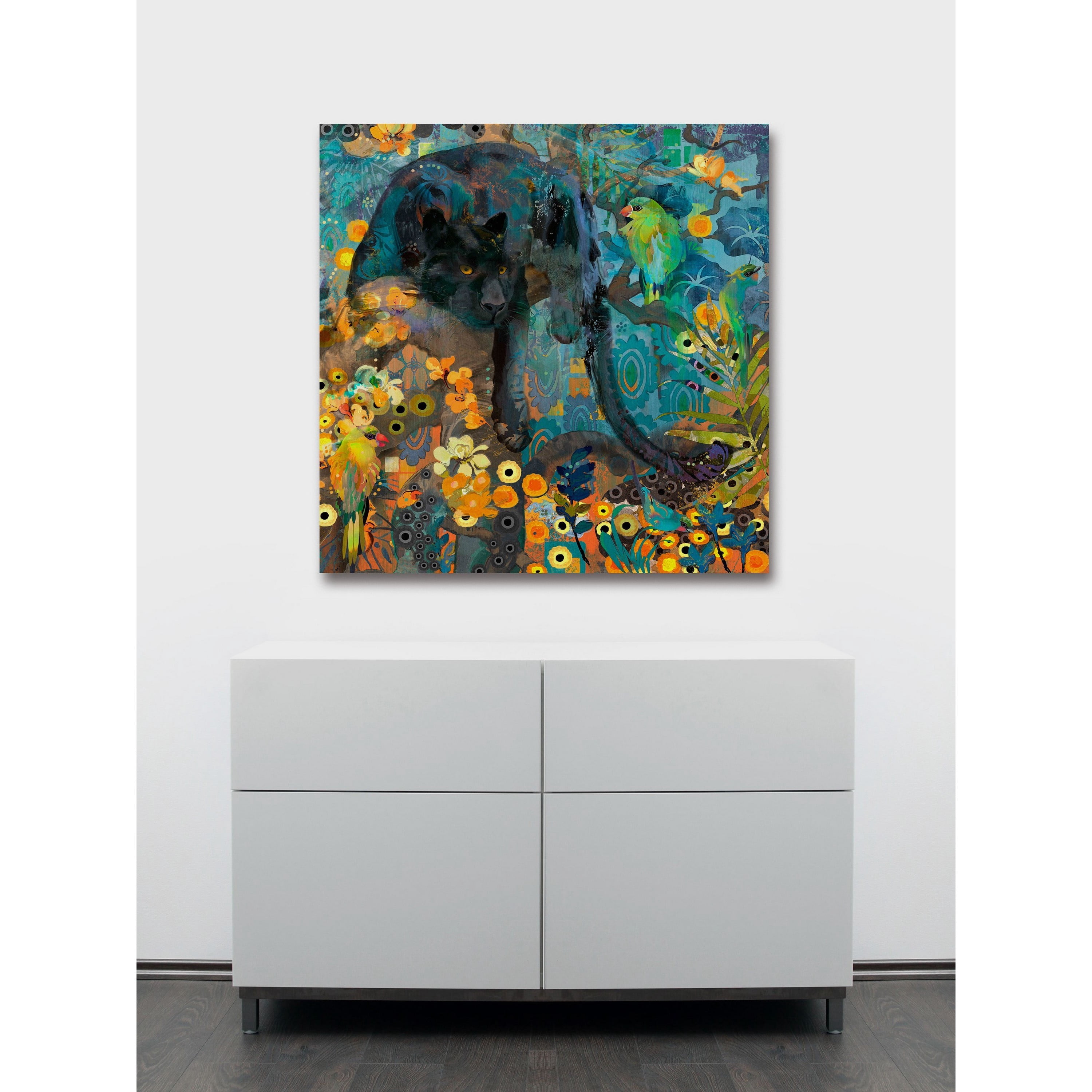 "Jaguar and Green Parrots" Painting Print on Wrapped Canvas