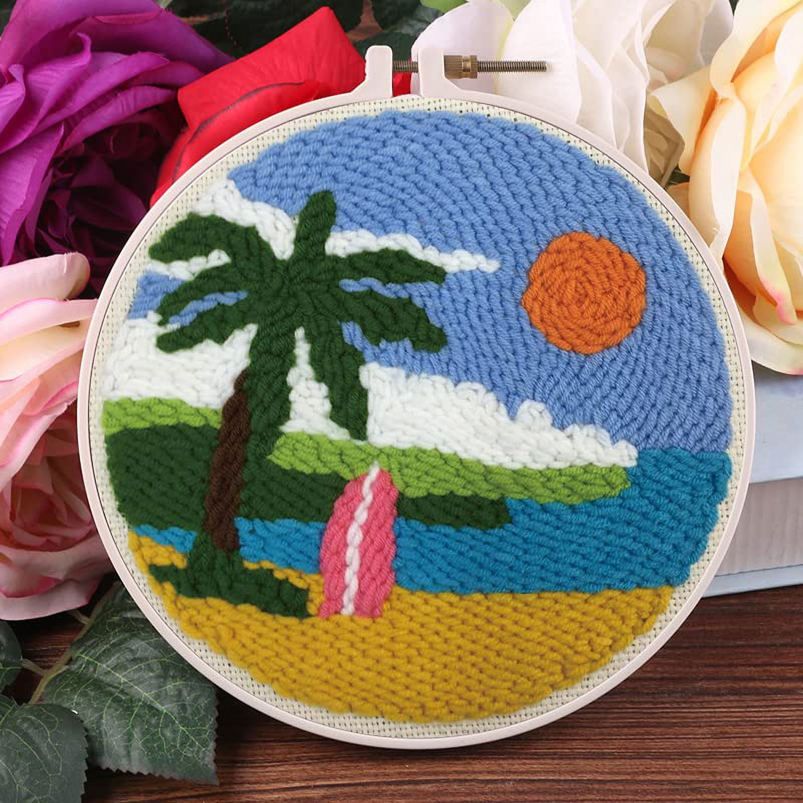 2 Pack Easy DIY Punch Needle Kits Embroidery Kits Set for Starter Kits with Stamped Color Pattern with Instruction,Yarn and Embroidery Wooden Handle Needle Pen (Sea Fish & Surfing Board)