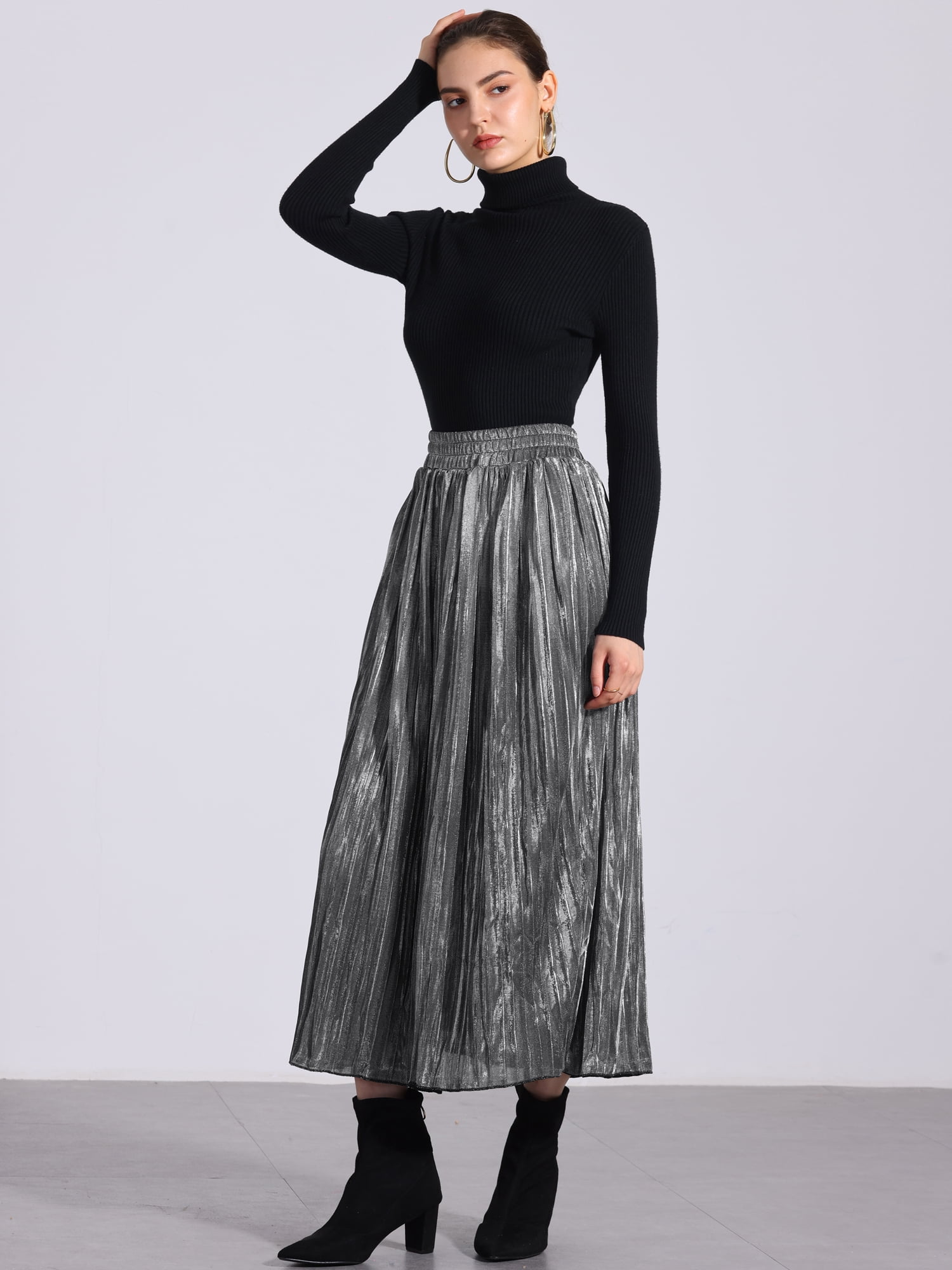 Unique Bargains Women Metallic Glitter High Waist Flared Plaeted Midi Skirt L Silver
