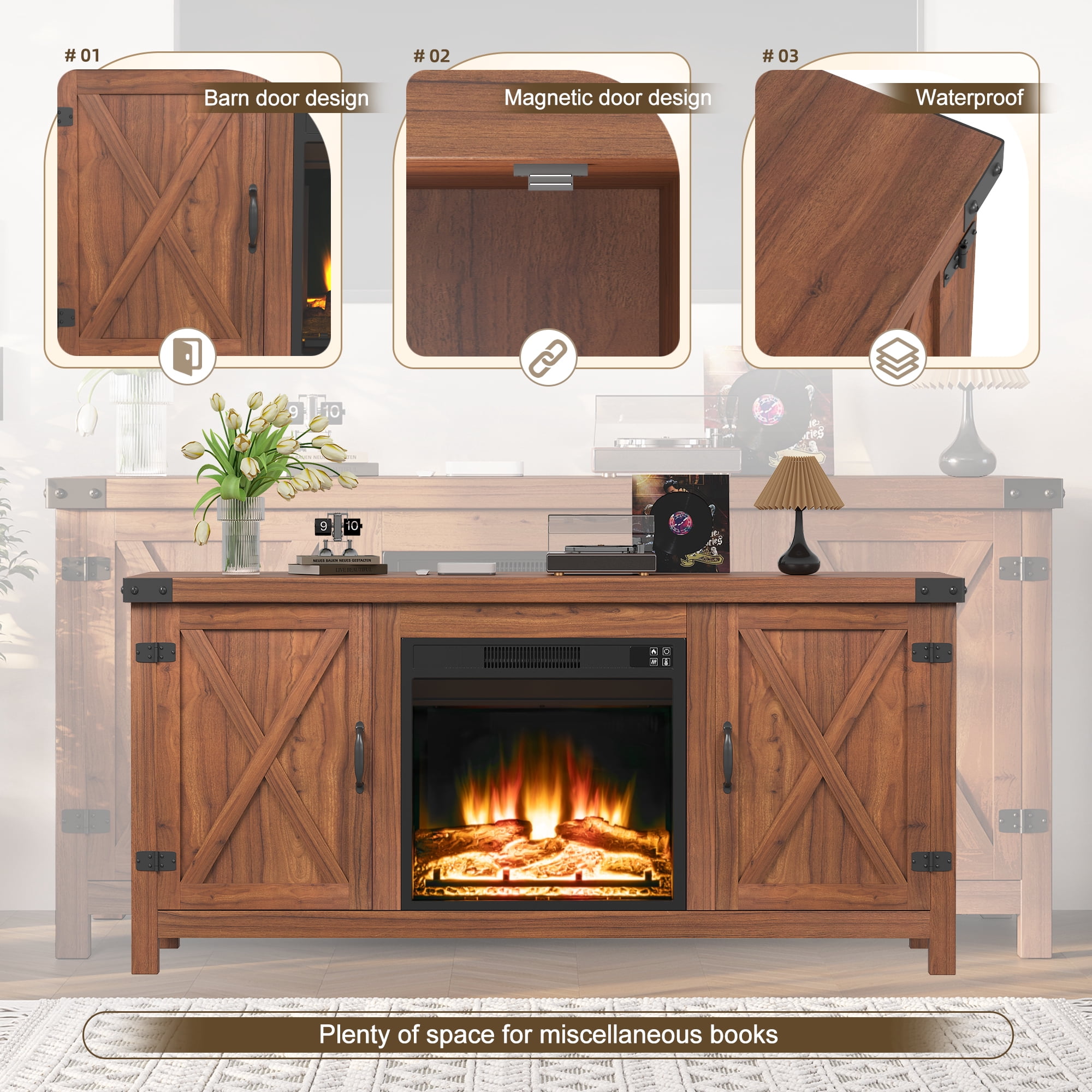 Homall Modern Farmhouse TV Stand Double Barn Door Fireplace TV Stand for TVs up to 65 inch,Rustic Brown