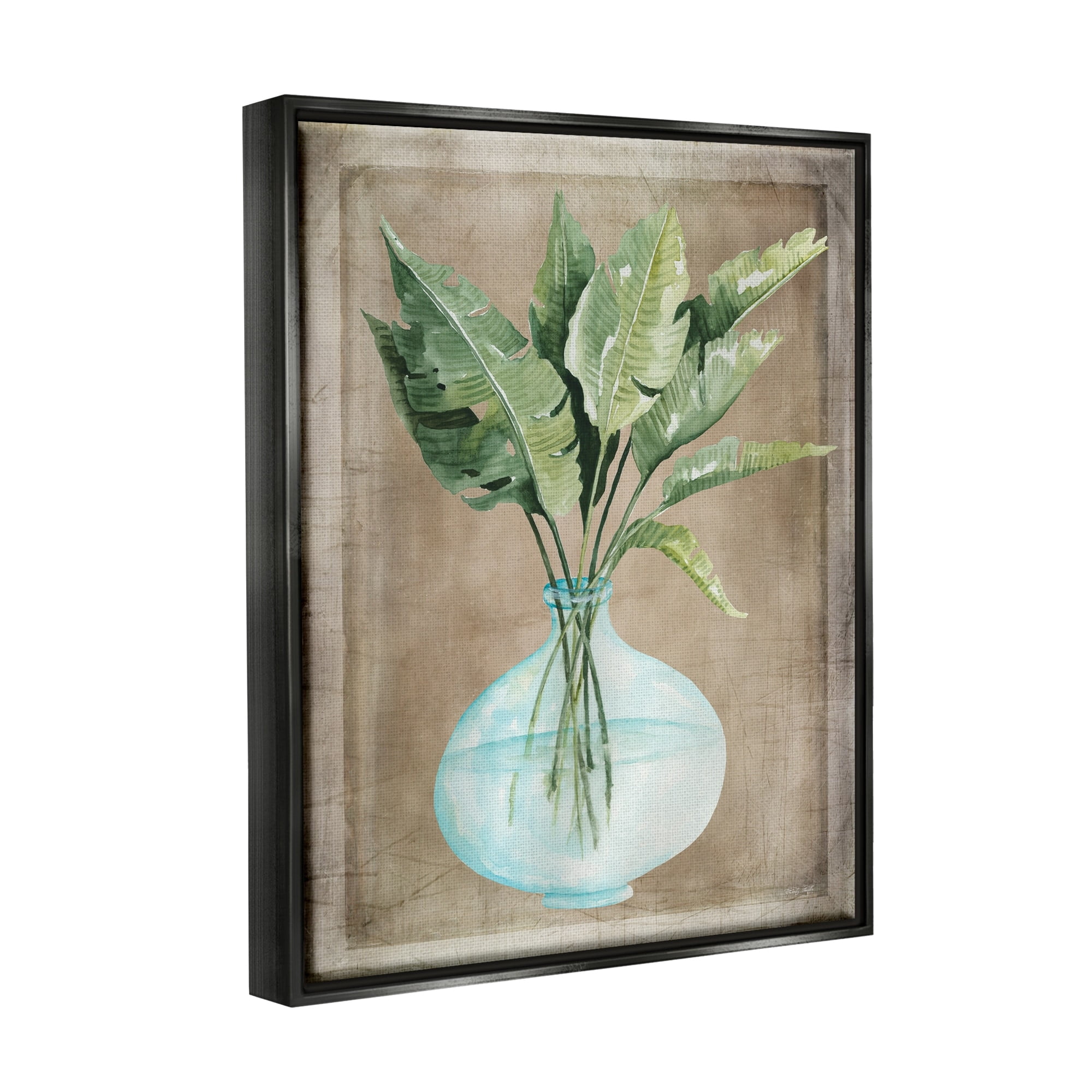 Stupell Industries Green Plant Leaves Glass Vase Rustic Border Painting Luster Gray Floating Framed Canvas Print Wall Art, Design by Cindy Jacobs