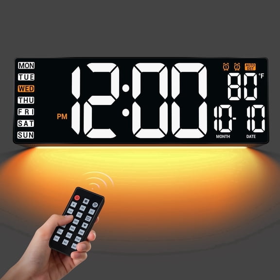 16.5" Large Digital Wall Clock with Remote Control, Auto-Dimming LED Display with Date Temp, Big Number Wall Mount Decor Clock for Seniors, Classroom, Dorm, Home, Office, Gym White