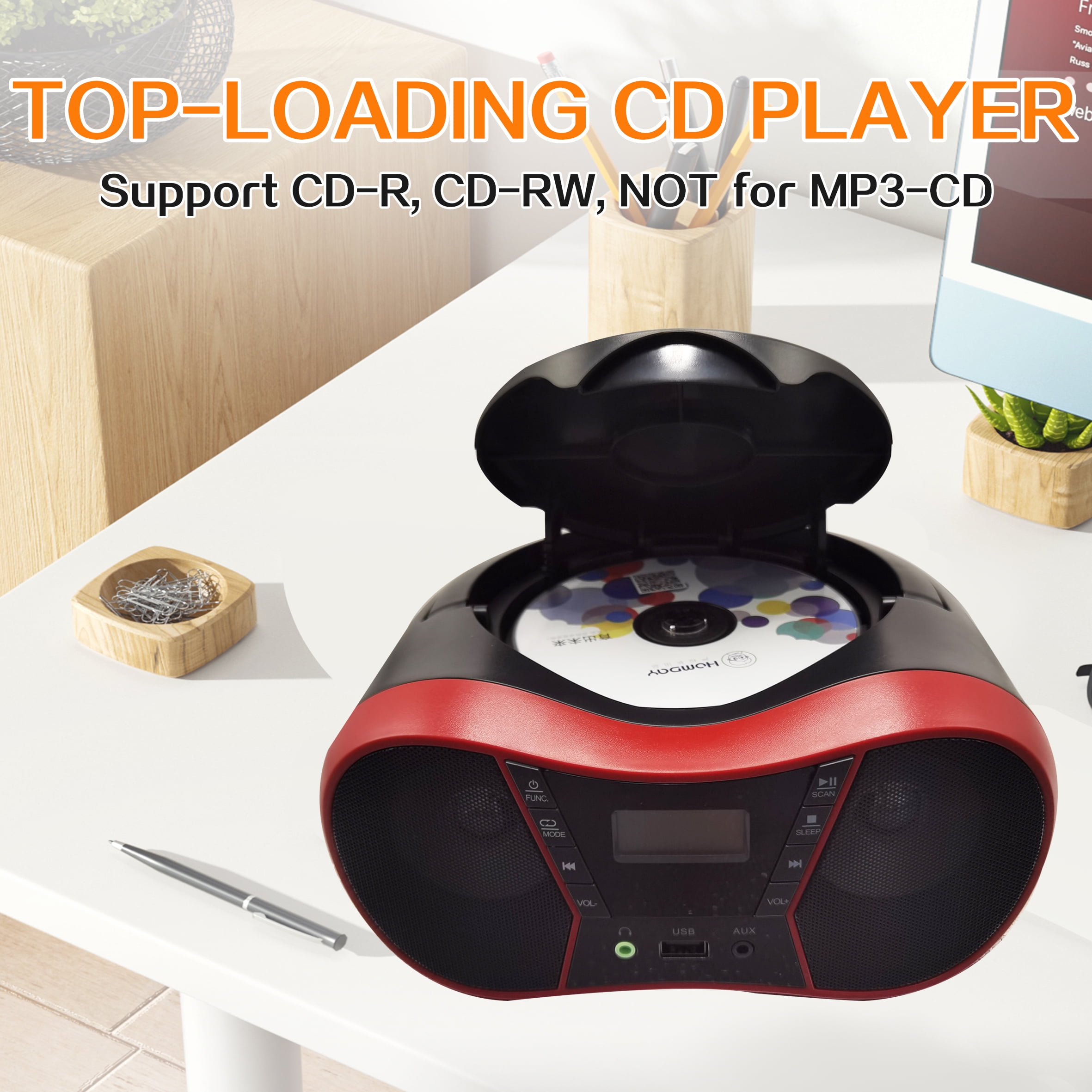 Portable CD Player Boombox with FM Radio,Bluetooth 5.1,Clear Sound,LCD Display,USB/AUX Input,AC/Battery Powered,CD/CD-R/CD-RW Compatible,3.5mm Headphone Jack,Sleep Timer for Home,Seniors,Kids Red