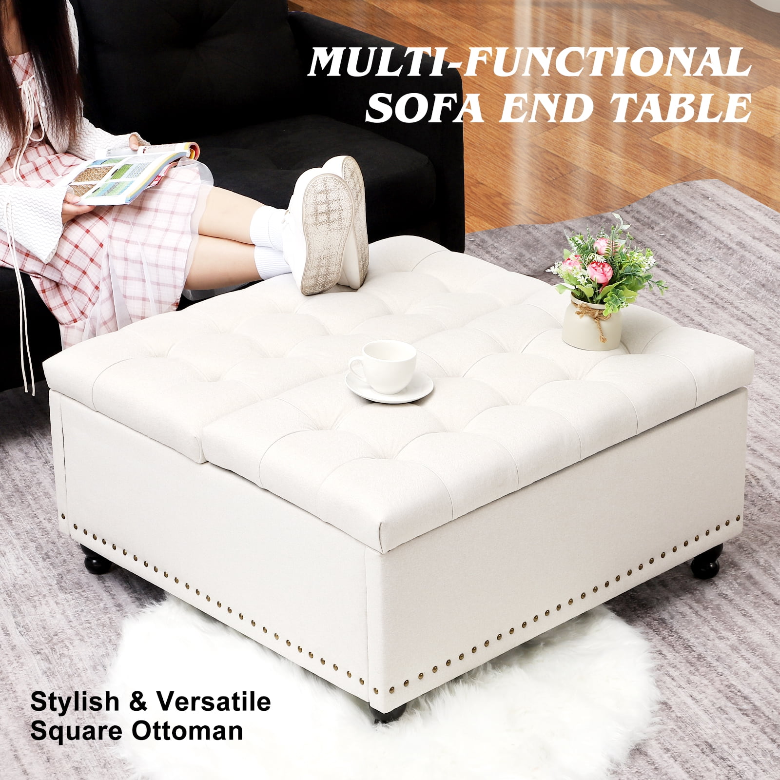 Magic Union 35 Inch Extra Large Ottoman with Storage, Large Square Storage Ottoman Coffee Table with Lift Top Tufted Linen Look upholstered Ottomans for Living Room-White