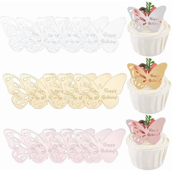 21Pcs 3 Color Colorful Cupcake Decorations Happy Birthday Butterfly Small Mirror Glossy Acrylic Reusable Card Dessert Decor Bulk Cupcake Toppers