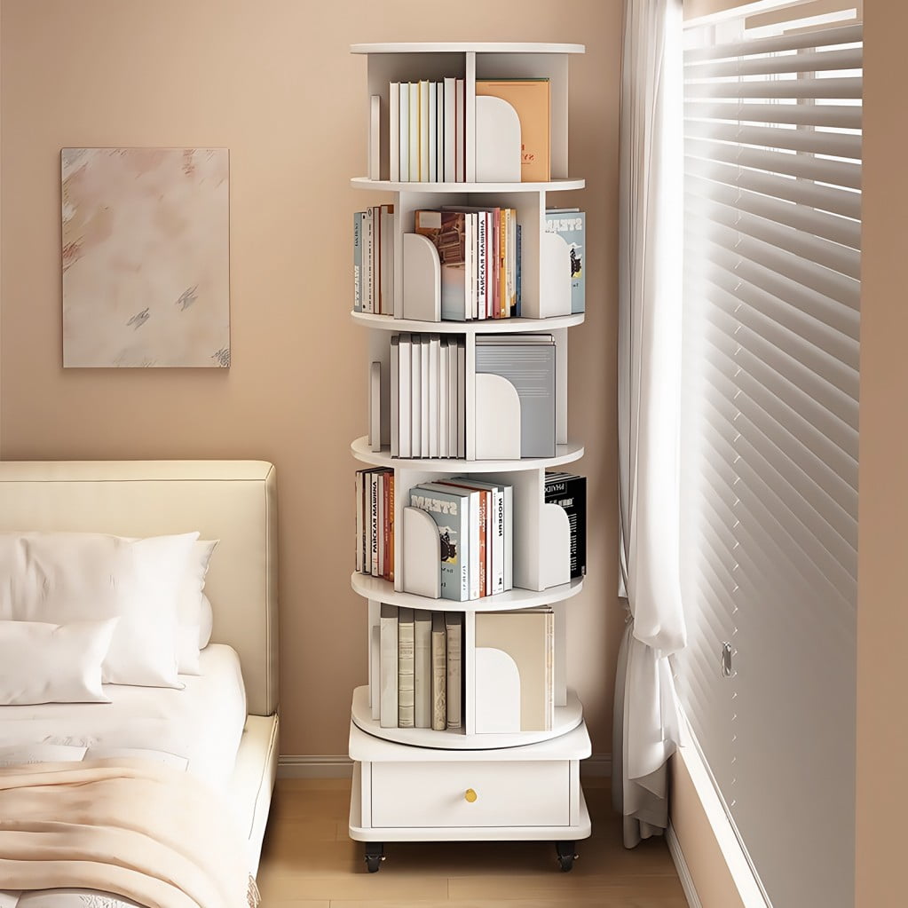 6-Tier Rotating Bookshelf with Wheels, 360° Spinning Bookcase Tower with Drawer & Wraparound Baffles, Space-Saving Storage Shelf, White