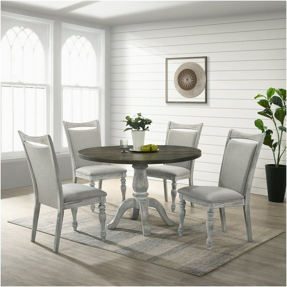 JERFIT 5-Piece Round Dining Table Set with Pedestal Base and 4 Upholstered Chairs, Weathered White and Gray Finish for Kitchen Dining Room