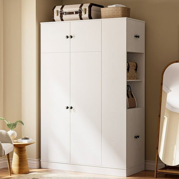 ANCTOR Wardrobe Closet with Side Storage Shelf for Adult, Freestanding Modern Armoire Cabinet with Hanging Rod for Bedroom Dorm, White