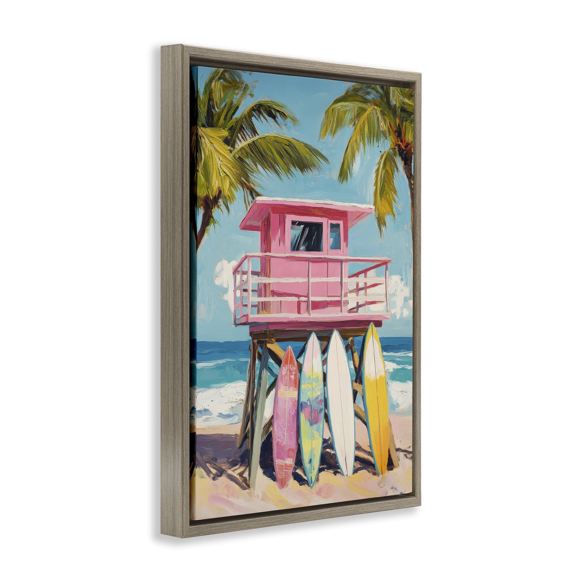 Stupell Industries High Pink Surf Shack Brown Framed Floater Canvas Wall Art, design by Petal Prints Design