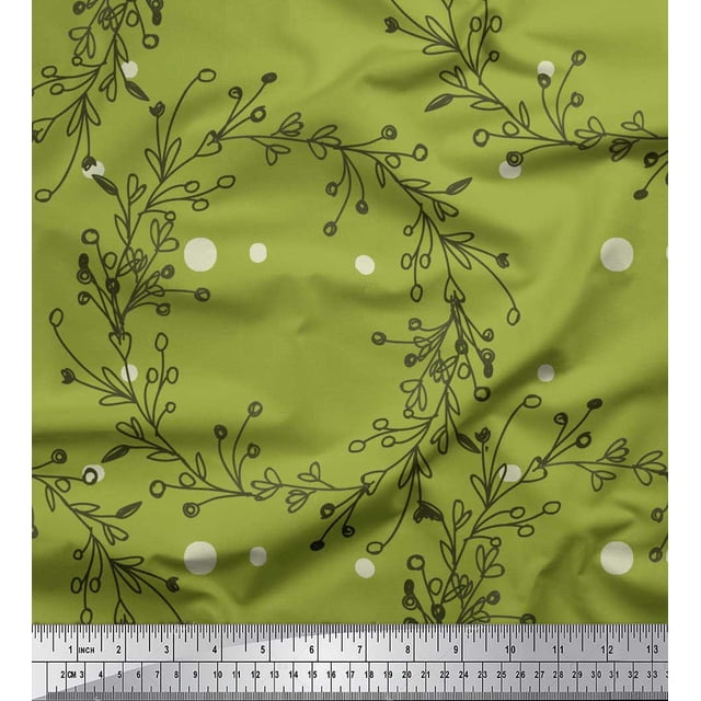 Soimoi Green polyester Crepe Fabric Dot & Wreath Hand Drawn Print Fabric by the Yard 42 Inch Wide