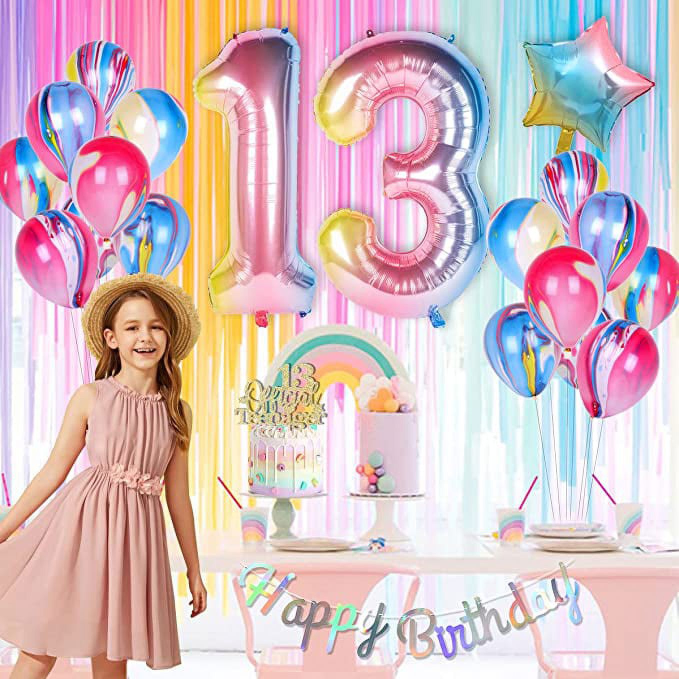 Rainbow 13th Birthday Decorations for Girls Happy 13th Birthday Party Decoration Supplies with Happy Birthday Banner Number 13 Foil Balloons 13 Year Old Cake Topper