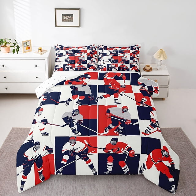 Erosebridal Ensemble de Literie Patchwork Joueur de Hockey sur Glace, Couette de Sport Réversible 3 Pcs