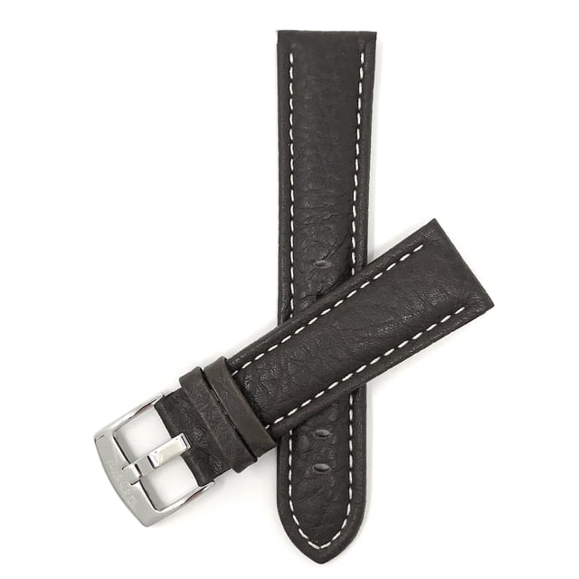 26mm Classic Leather Buffalo Pattern Watch Strap Band, White Stitching, Stainless Steel Buckle