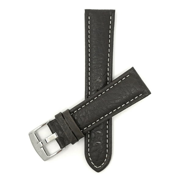 22mm Classic Leather Buffalo Pattern Watch Strap Band, White Stitching, Stainless Steel Buckle