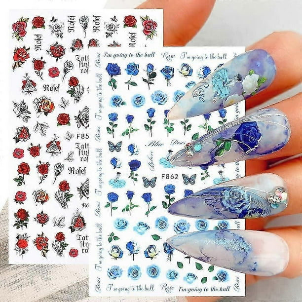 9 Sheets Spring Red Rose Nail Art Stickers Decals Self-Adhesive Blue White Yellow Pink Flowers Floral Design Manicure Tips
