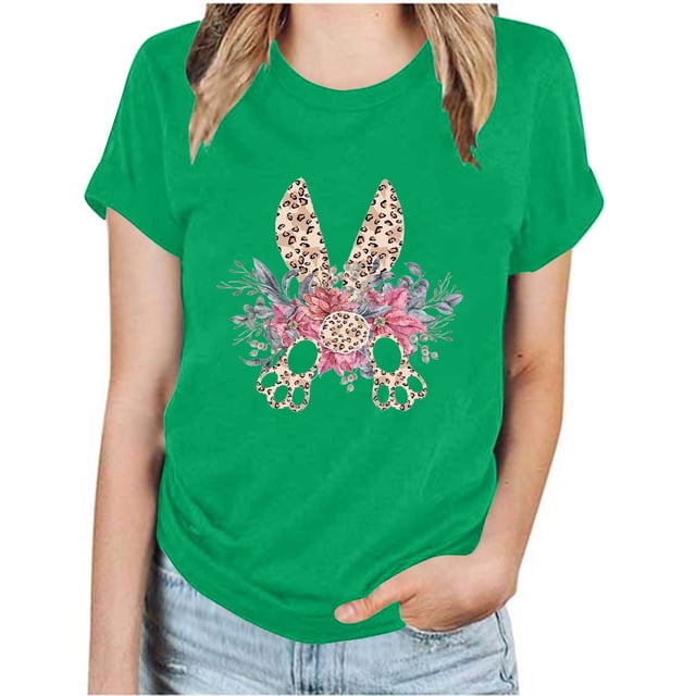 RKSTN Hauts pour Femmes Tendance 2024 Décontracté Ample Pâques Graphique Imprimé Blouse Hauts Mode Été Col Rond Manches Courtes T-shirt