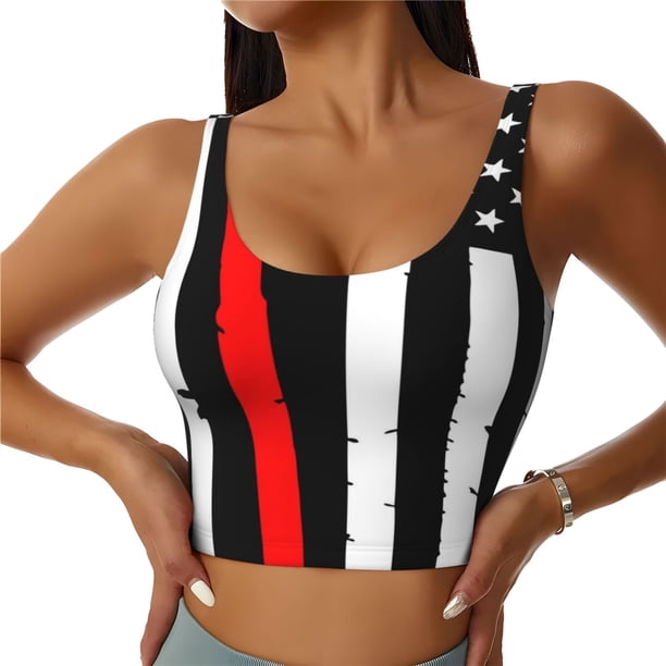Fotbe Firefighters USA Flag Sujetador Deportivo Largo sin Aros para Mujer con Almohadillas y Soporte Medio, Transpirable y Absorbente, Camiseta Tipo Chaleco o Tank Top-Large