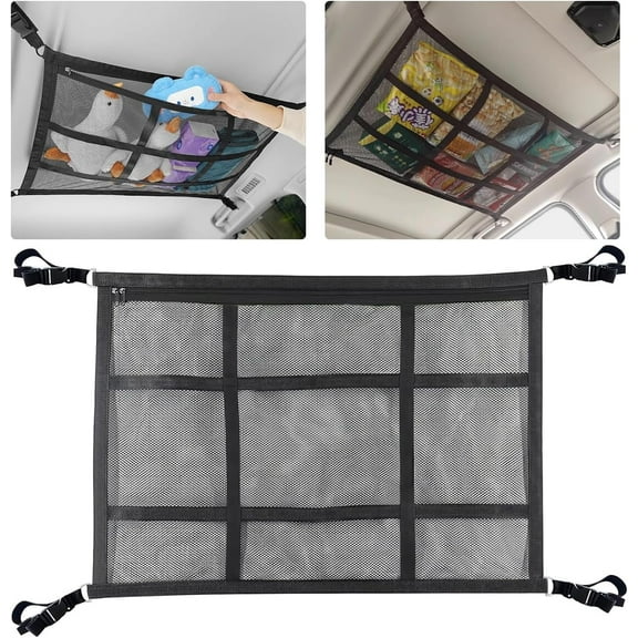 Travel Cargo Net SUV Ceiling Cargo Net Pocket，80 x 55 cm Adjustable Double Large Car Ceiling Storage Net, Mesh Car Roof Organizer Long Trip Storage Bag for SUV Long Trip Camping (Black)