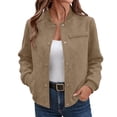 thumbnail image 2 of IUYRTFE Women's Stand Collar Snap Button Bomber Jacket Long Sleeve Casual Winter Coat with Pockets, 2 of 6