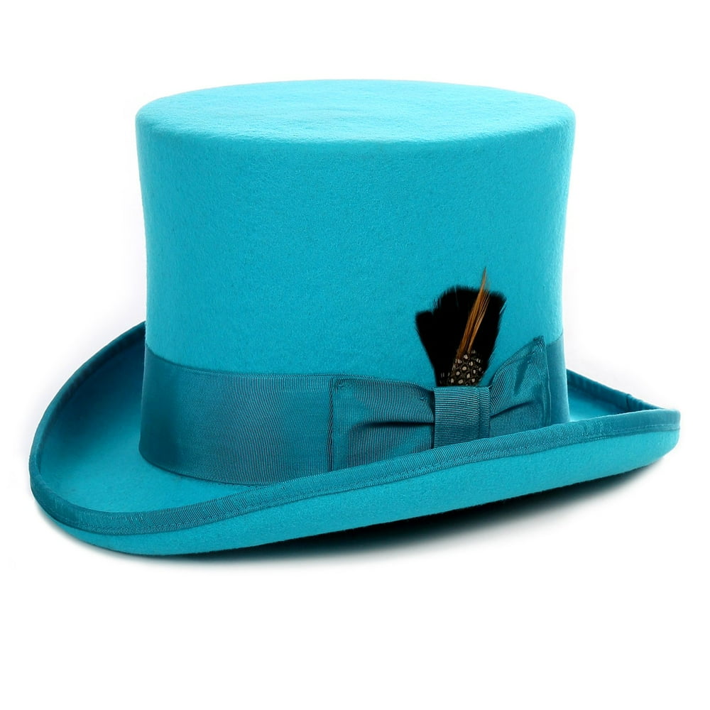 Ferrecci Satin Lined Turquoise Wool Top Hat with Grosgrain Ribbon and