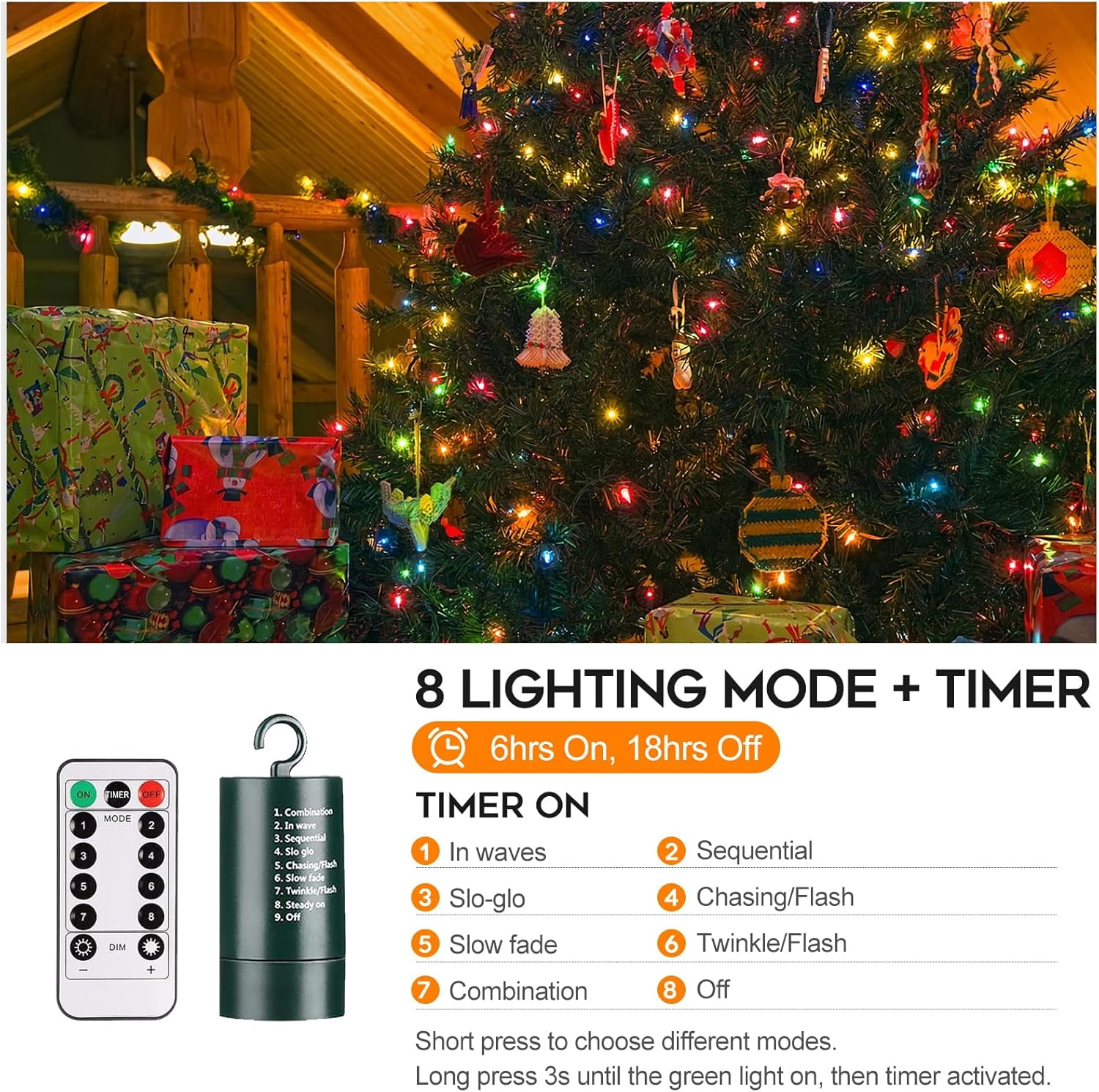 Battery Operated Christmas Lights, 33 FT 100 LED Mini String Lights with Timer and 8 Modes, Green Wire Outdoor Waterproof String Lights for Tree Xmas Indoor Holiday Party Garden Decor, Warm White