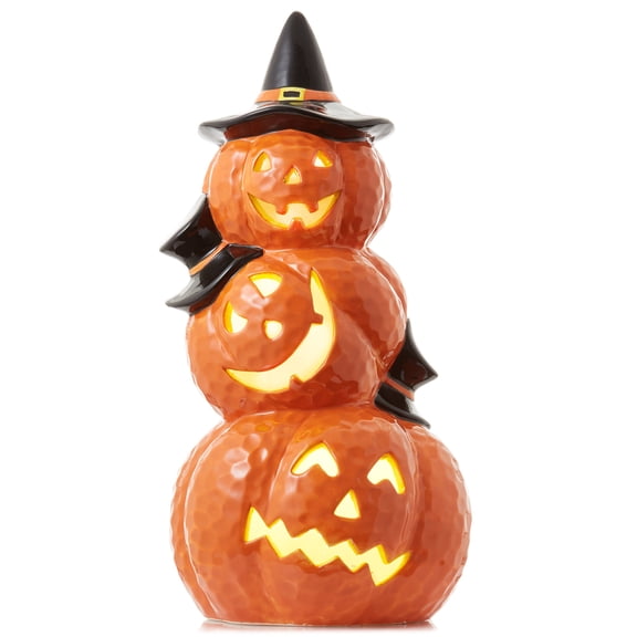 Pre-Lit Ceramic Halloween Stacked Pumpkins Hand-Painted Tabletop Decor