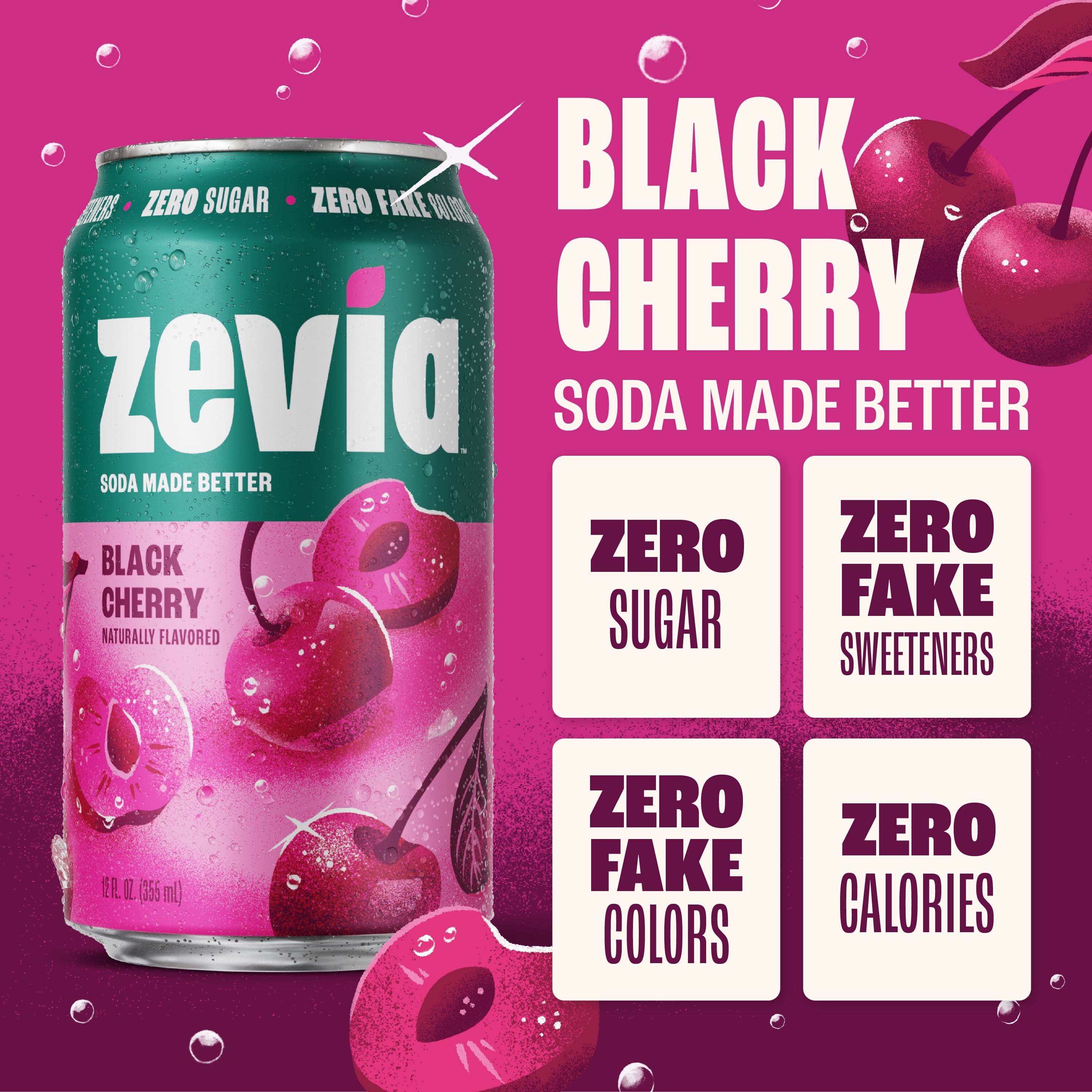Zevia Zero Sugar, 0 Calorie Black Cherry Soda, 12 fl oz (Pack of 24)