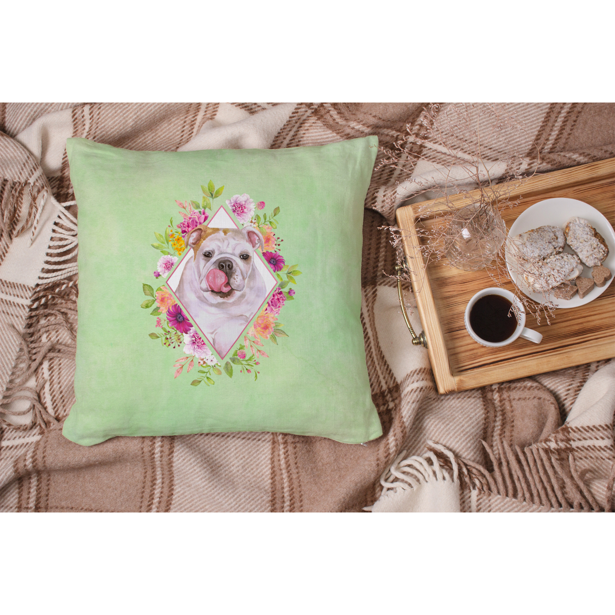 Carolines Treasures CK4300PW1414 English Bulldog Green Flowers Fabric Decorative Pillow 14Hx14W multicolor