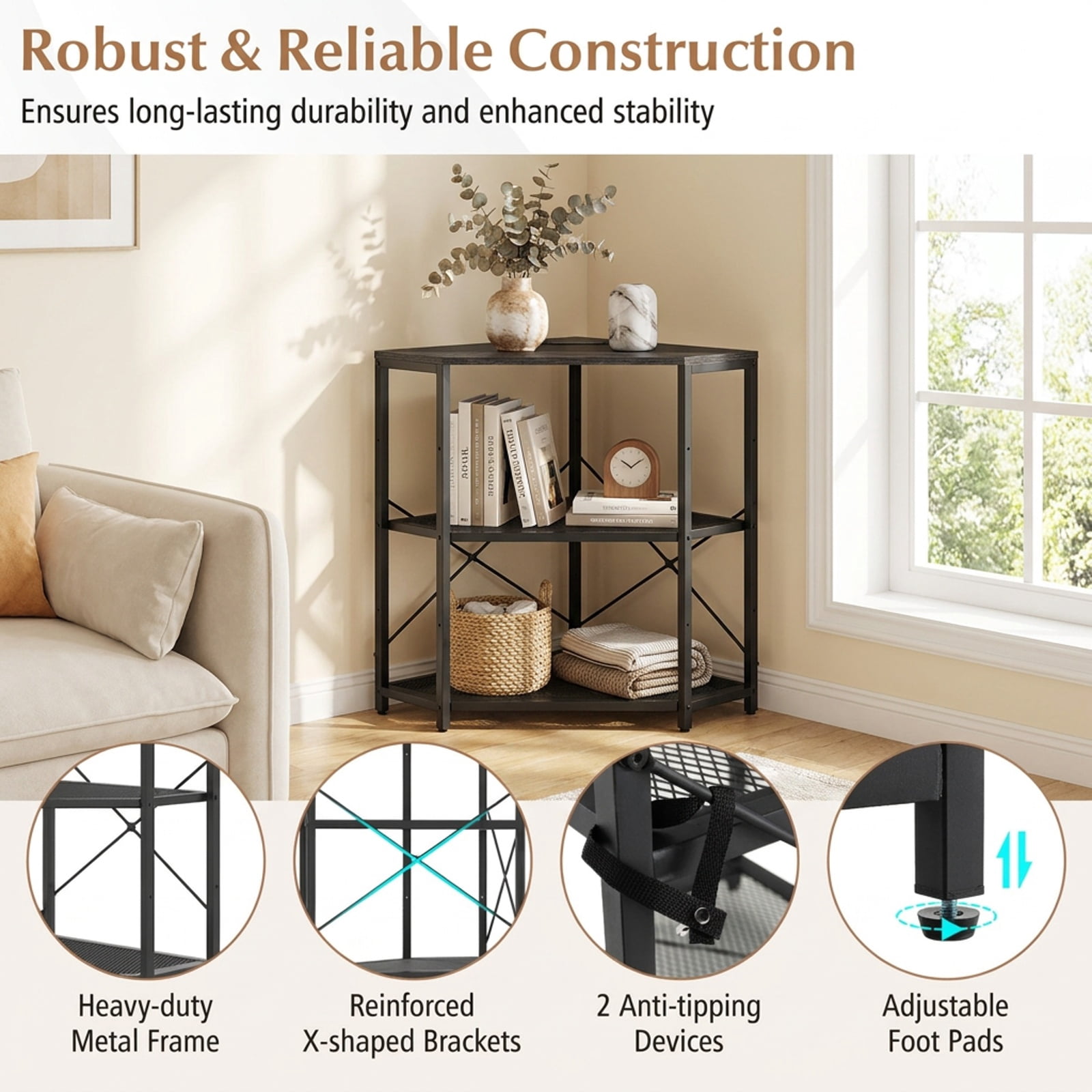 Furnibear Corner Printer Stand with Power Outlet 3-Tier Storage Rack with Adjustable Shelf for Home Office Printer Machine Under Desk Storage, Black