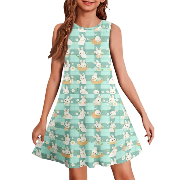 LTTVQM Girls Easter Dress 2026 Egg Rabbit Graphic Funny Sleeveless Sundresses Loose Fit Round Neck Midi Dress Fashion Church Dresses Light Green 5-6 Years