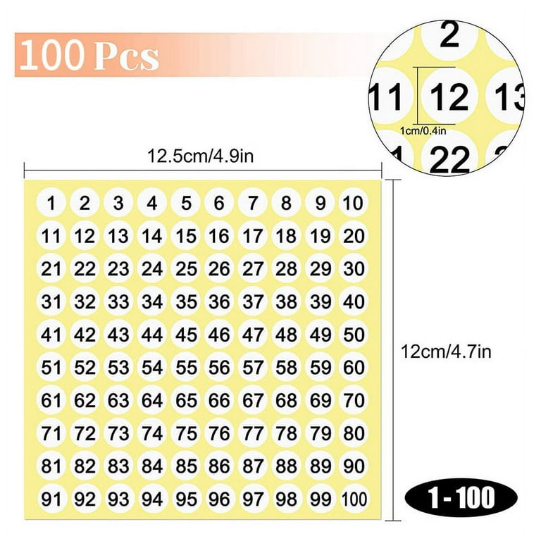 Number Stickers, 1-100 Round Number Labels Sticker Black on Yellow, 20  Sheets