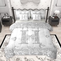 Manfei Bling Bowknot Monogrammed Bedding Comforter Set 7 Pieces, Grey Initial H Letter Full Bedding Set, Dreamy Princess Style Reversible Fitted Sheet Flat Sheet, Microfiber Bedroom Decor