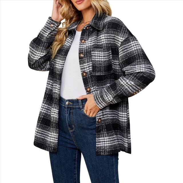 Abrigo de Lana Holgado con Bolsillos y Larga para Mujer, Estilo Casual de Otoño, A Cuadros Negro L