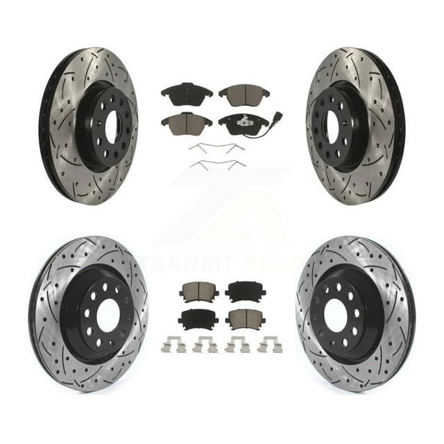 Transit Auto Front Rear Coated Drilled Slotted Disc Brake Rotors and Ceramic Pads Kit for Car 2009-2010 Volkswagen Passat CC with 312mm Diameter Rotor KDC-100614