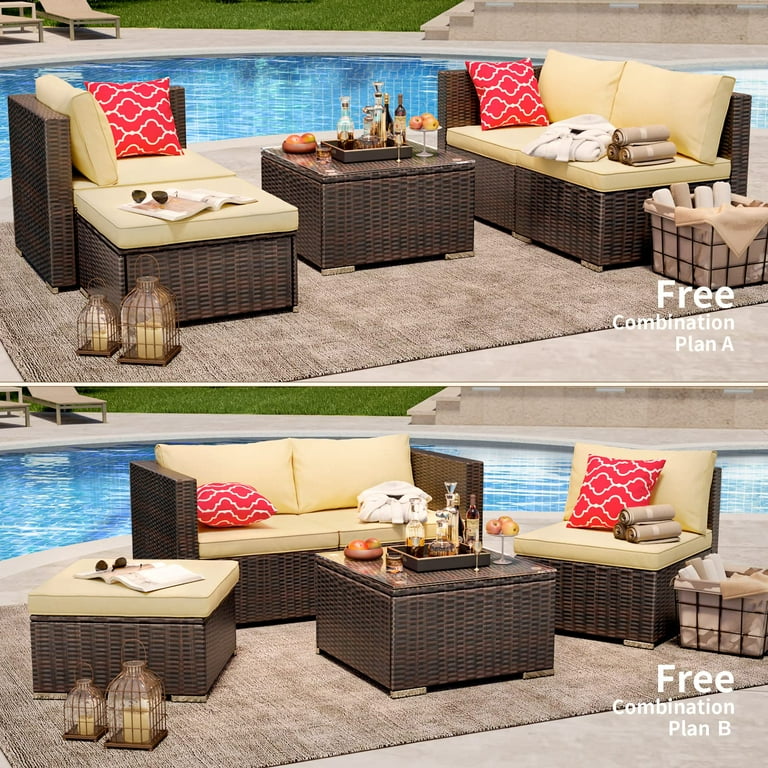 Lofka Patio Furniture Set 5 Piece Outdoor Seating Sofa Set with Glass Coffee Table Beige