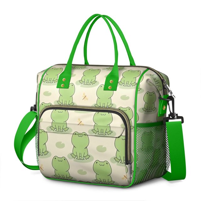 Forest and Nature Themed Insulated Lunch Tote with Green Frog and Plant Prints, Large Leakproof Lunch Box Cooler with Cute Cartoon Design for School or Picnic