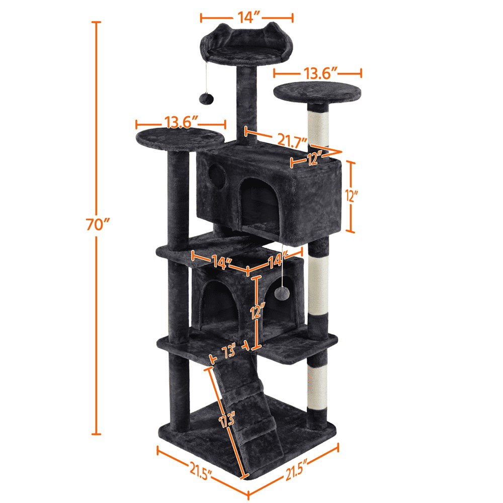 Alden Design 70" H Double Condo Cat Tree with Scratching Post Tower, Black