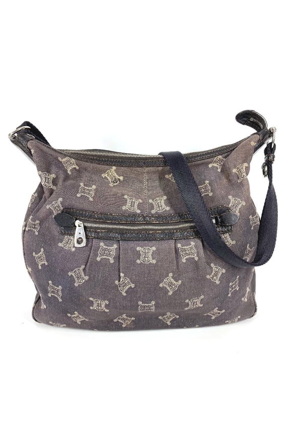 Pre-Owned CELINE Macadam Logo Shoulder Bag in Navy Blue with Denim and Leather