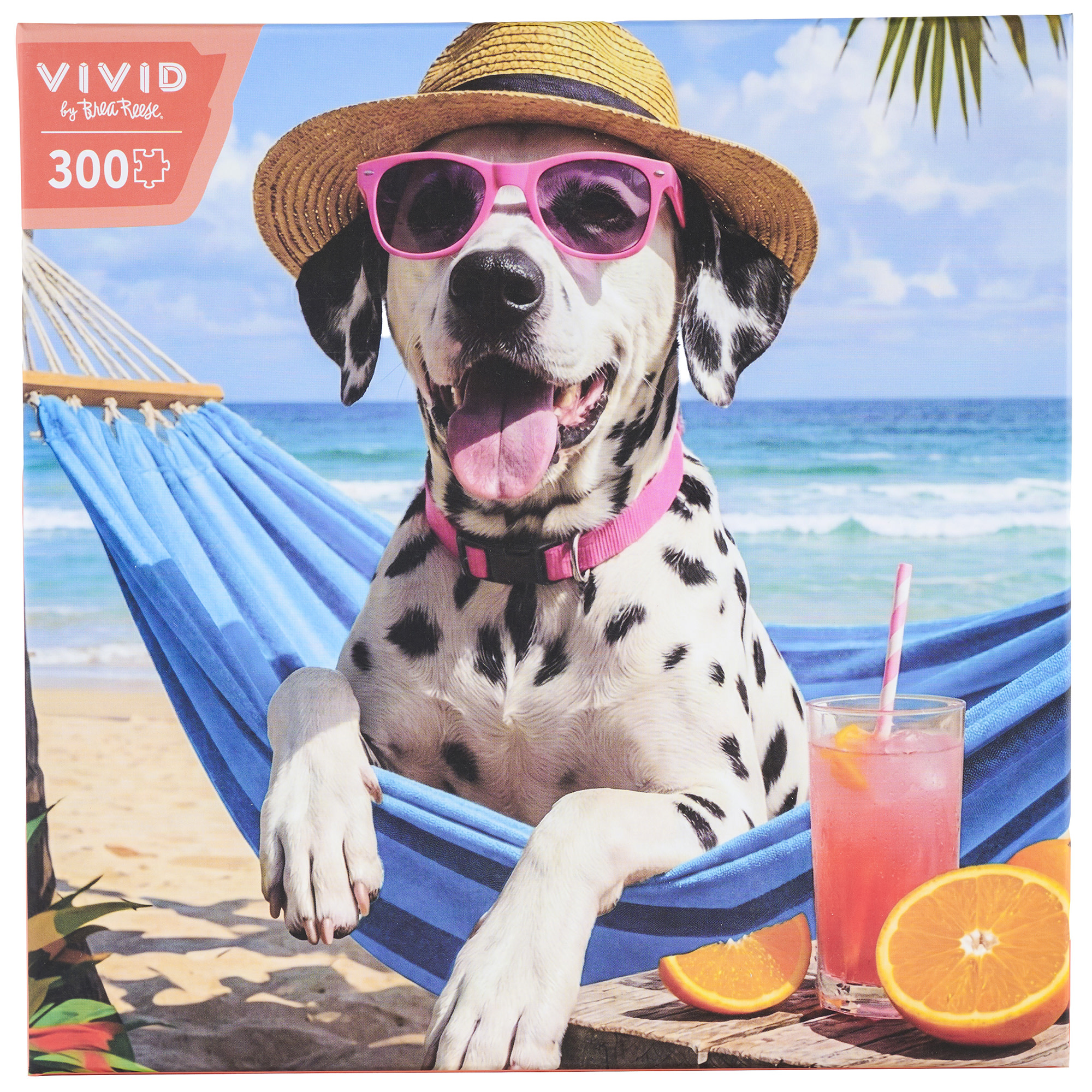 Vivid by Brea Reese: 300 Piece Puzzle - Vacay Doggie - Dalmatian Dog Relaxing Beach Scene Jigsaw, Soft-Touch Snap-Fit Pieces, Image Reference Poster