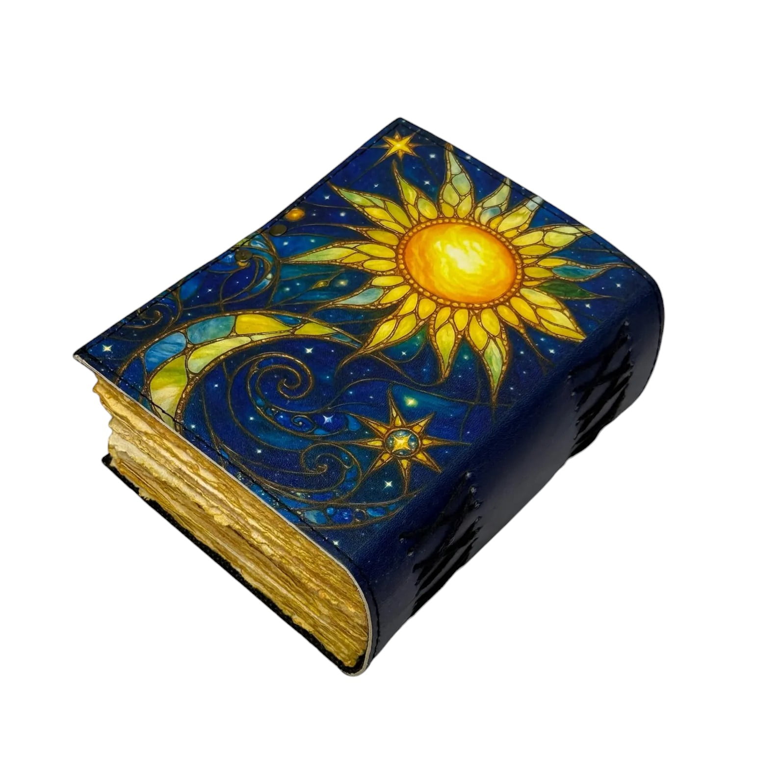 Handmade Leather Journal with Sun & Moon Artwork – 5x7 Inch Vintage Notebook with 200 Deckle Paper Pages, Antique Clasp, Handmade Writing Diary & Sketchbook