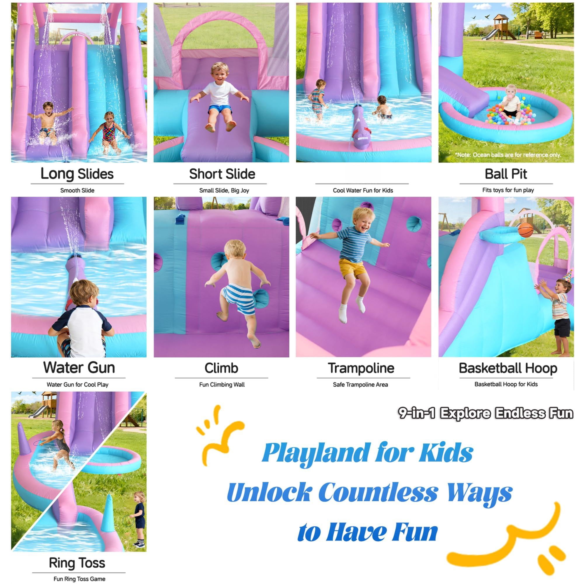 9-in-1 Inflatable Water Slide House with 3 Slides, Splash Pool and Accessories for Ages 3-8