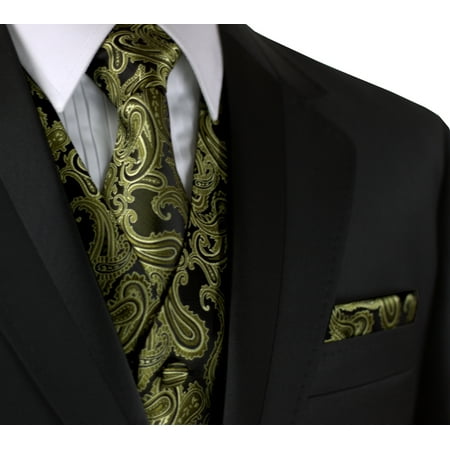 Italian Design, Men's Formal Tuxedo Vest, Tie & Hankie Set for Prom, Wedding, Cruise in Olive