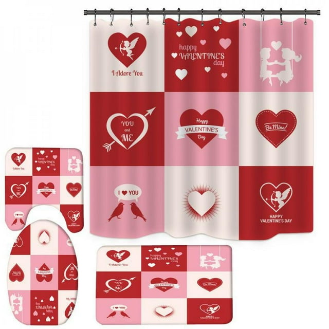 MesaSe 4 Pièces Impression Numérique 3D Rideau de Douche Tapis de Sol Tapis de Toilette Combinaison de la Saint-Valentin