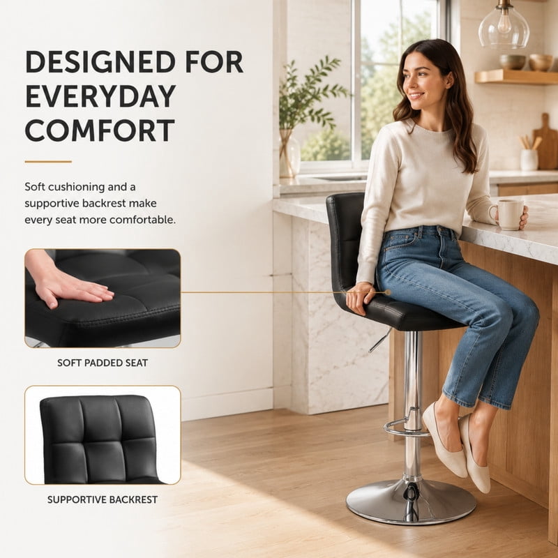 BEAUTYPEAK Adjustable Bar Stools Set of 2 PU Leather Swivel Counter Height Chairs with Backrest and Footrest, Black