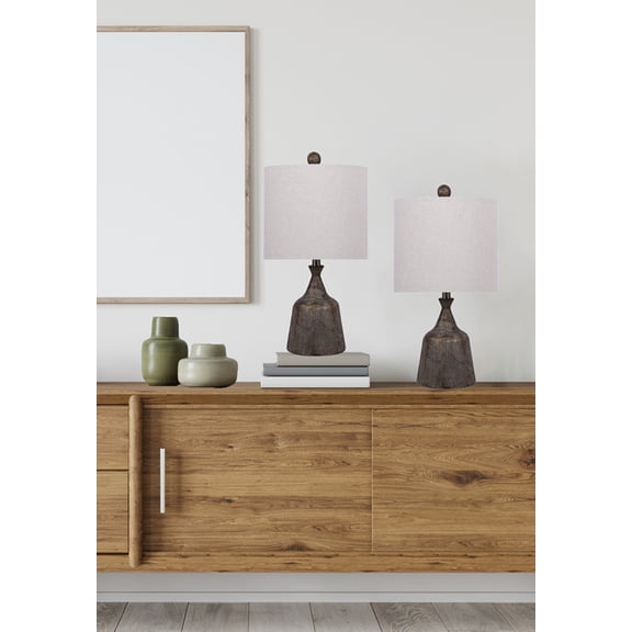 20" Grey-Brown Polyresin Table Lamp w/ Faux Wood Grain Texture & Off-White Linen Shade (Set of 2)