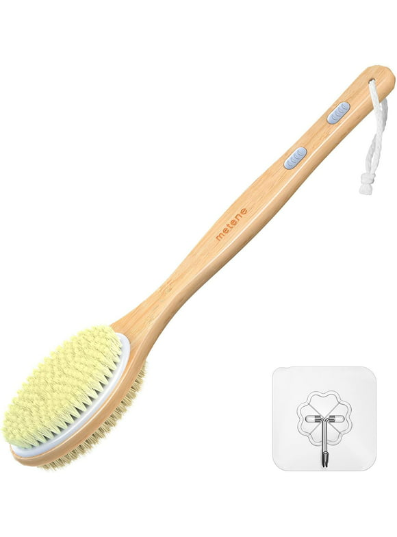 Metene Bamboo Shower Body Exfoliating Brush, Bath Back Cleaning Scrubber with Long Handle, 1 Hook